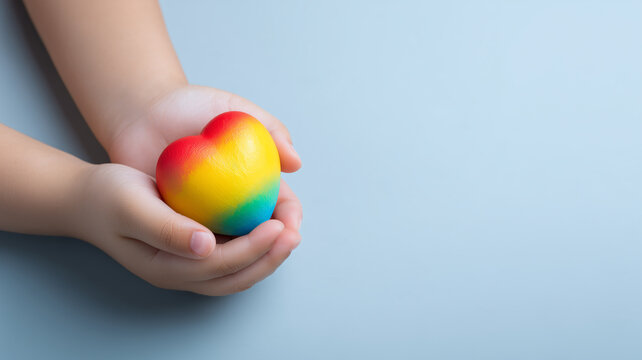 A child's hands gently holding a heart symbolize kindness and unconditional support for diversity and inclusion