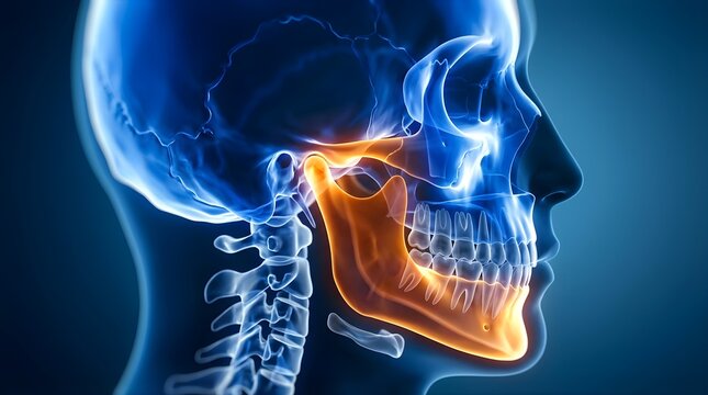 Anatomical 3D Illustration of Human Skull with Highlighted Jaw Bone and Temporomandibular Joint Showing Mandible Pain or Dental Medical Procedure Concept on Blue Background