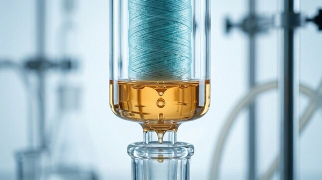 Spiral-wound semipermeable membrane module inside borosilicate glass casing filtering organic solvent permeate into a laboratory receiver flask.