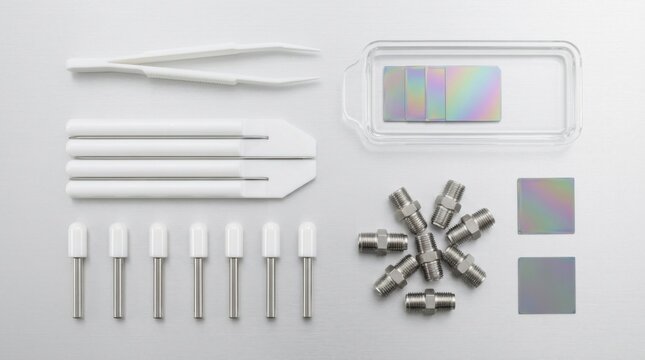 Knolling layout of semiconductor cleanroom wafer handling tools, quartz boat, silicon coupons, and tweezers on anodized aluminum workbench.