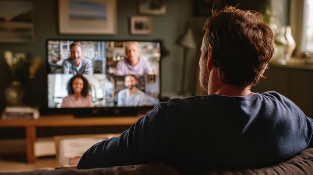 Medium shot of friends joining a recorded online memorial ceremony via video call sharing stories and honoring a loved one together remotely.