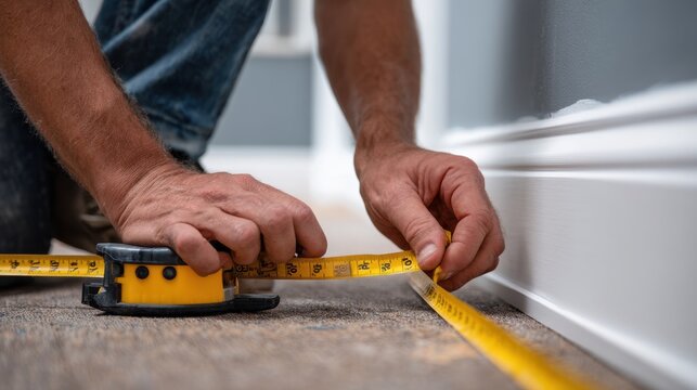 Worker measures a wall with a tape measure beside partially painted trim while preparing a home renovation.
