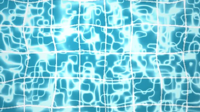 Seamless loop of swimming pool water caustics animation viewed from above. Shimmering light patterns refract across blue tiled bottom with continuous gentle rippling motion throughout video.