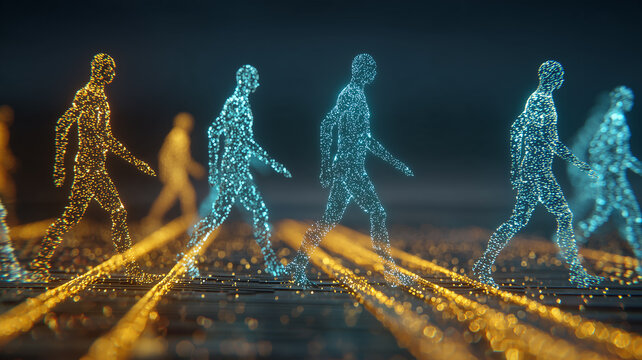 Digital human figures composed of illuminated particles walking across data pathways represent connected society and evolving virtual identities.