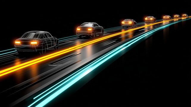 Digital wireframe cars traveling along an illuminated highway illustrate connected vehicles and intelligent transportation systems for future mobility.
