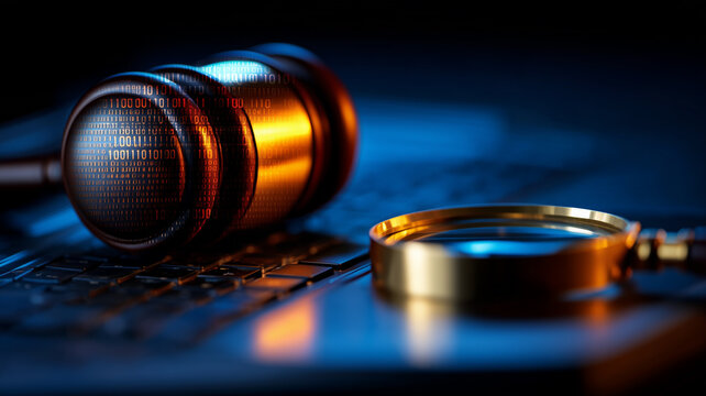 A judge gavel covered in binary code beside a magnifying glass represents cybercrime investigation and digital legal forensics.