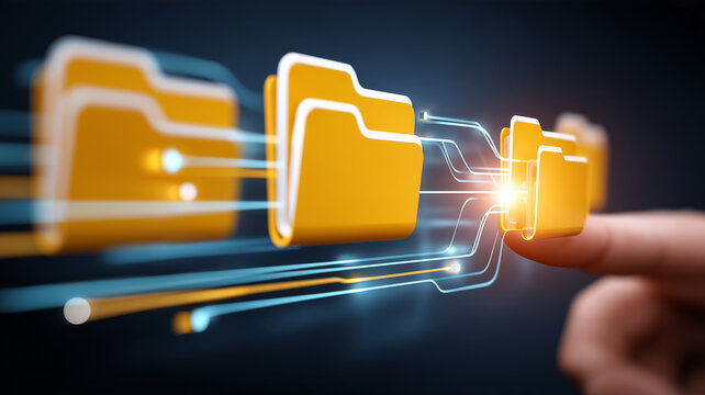 A finger selecting connected digital folders illustrates file transfer and organized information sharing across digital systems.