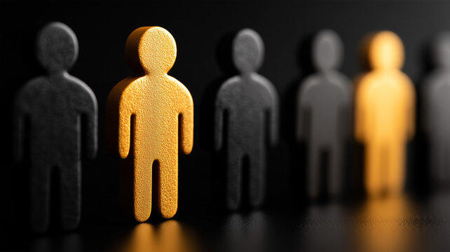 Highlighted human figures standing apart from a group of silhouettes represent talent identification and strategic employee recruitment.