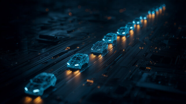 A line of wireframe cars traveling across a digital circuit road illustrates connected vehicle technology and the future of intelligent transportation