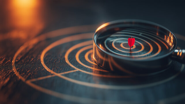 A magnifying glass enlarging a dart at the center of a target illustrates precise goal setting and focused strategic decision making