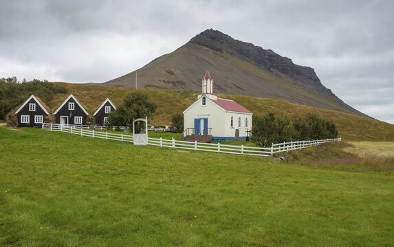Church and granaries, old vicarage Hrafnseyri, Westfjords, Northwest Iceland, Iceland