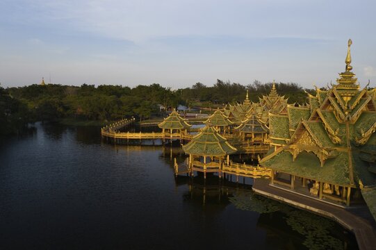Aerial view, hexagonal golden temple, Ancient City, Bangkok, Thailand