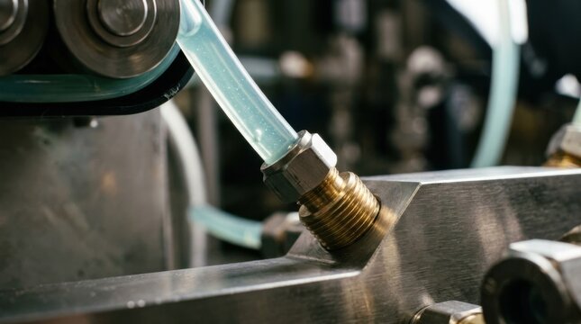 Peristaltic dosing pump head injecting antiscalant solution via fluoropolymer tubing into stainless steel water conduit manifold with brass valve fittings.