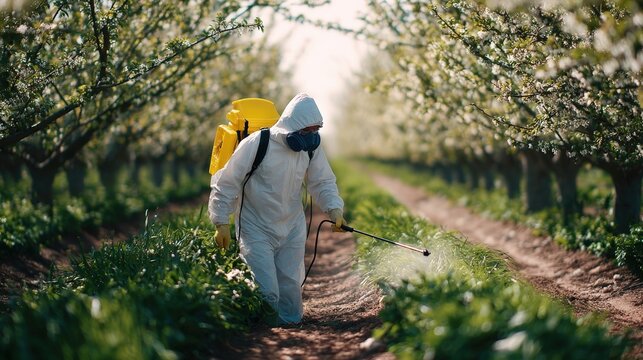 Medium shot of a professional applying minimal targeted pesticide treatments in an orchard to maintain an environmentally safe pest control approach.