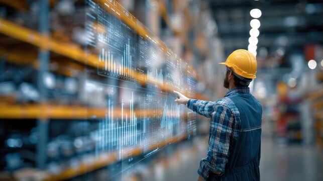 Warehouse worker uses an artificial intelligence inventory dashboard beside storage shelves.