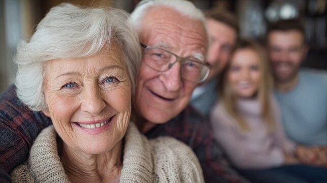 Portrait of happy senior couple smiling with their family in the background, enjoying a moment of togetherness and happiness in a cozy home setting