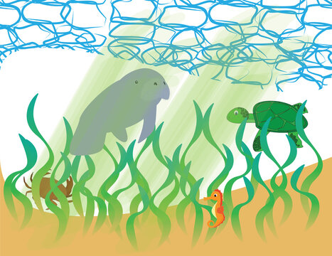 A vector art of a meadow of seagrass with sea creatures present such as sea turtle, manatee, crab and seahorse, without background.