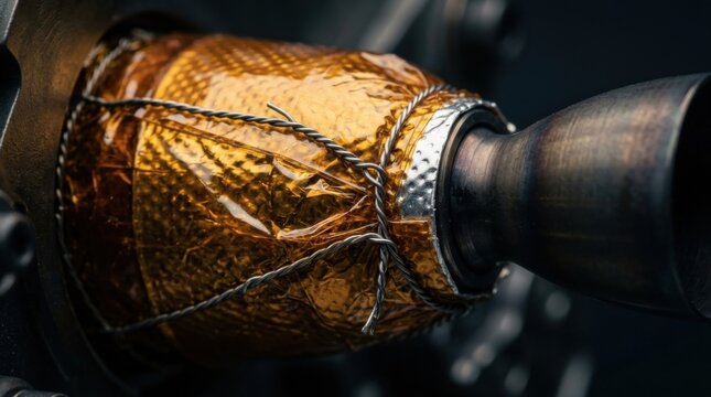 Macro close-up of spacecraft attitude control thruster nozzle with multilayer thermal insulation, textured amber polyimide Kapton film, aluminized backing, and titanium safety lockwire.
