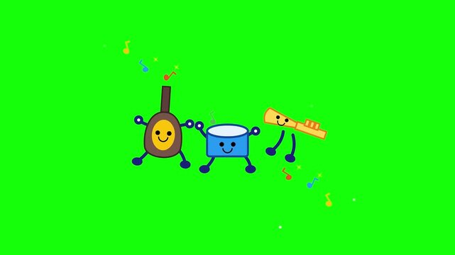 Cute cartoon musical instruments dancing with colorful music notes on