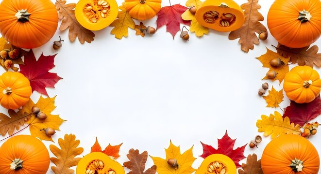 Autumn frame made of pumpkins, colorful maple and oak leaves, and acorns isolated on white background