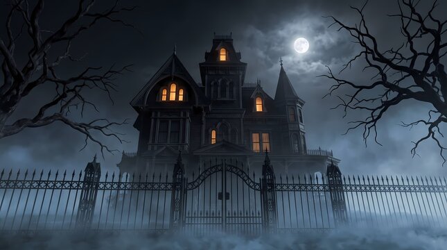 Spooky gothic Victorian house behind iron fence in moonlight and fog