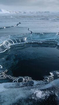 Vertical video: Camera panning revealing round ice hole bubbling from melt on frozen lake, blue rim