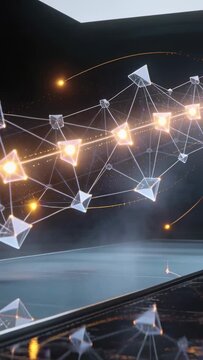 Vertical video: Glowing warm strand sparking network pulsing above shiny table, showing reflections