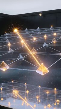 Vertical video: Rising gold beam moving across top plane at exhibit, showing hologram pyramid nodes