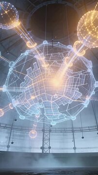 Vertical video: Dropping connector activating holo globe pulsing nodes and revealing grid in hangar