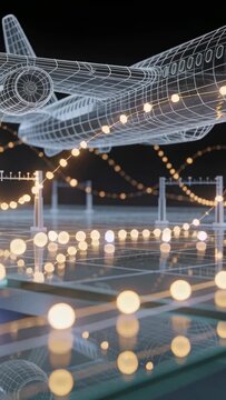 Vertical video: Panning camera revealing wireframe jet above grid floor, orbs moving to show glow