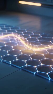 Vertical video: Appearing left, lit ribbon waving across hex grid in studio for demo, pulsing nodes