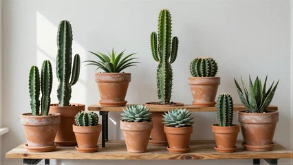 Cacti and succulents in terracotta pots arranged on wooden shelves. © joeycheung