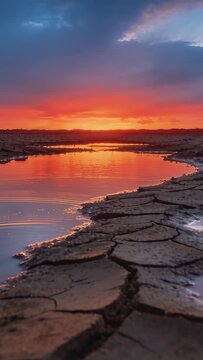 Vertical video: Pulling camera revealing cracks to shallow pool at lakebed, showing sunset ripples