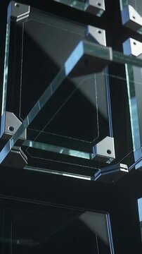 Vertical video: Entering beveled glass panels rotating, stacking in void, forming stack with clamps