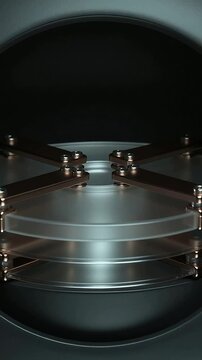 Vertical video: Cycling hub moving bronze arms with rivets in metal chamber, stacking frosted discs