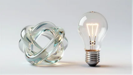 Glass knot beside glowing bulb, symbolizing complexity and illumination. © joeycheung