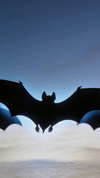 Vertical video: Flying central bat beating wings over clouds at dusk with side bats and soft shadow