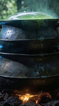 Vertical video: Boiling stacked metal cauldron on embers for cooking, green liquid dripping