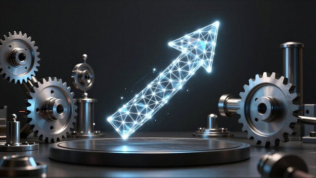 Gears surround glowing digital arrow, symbolizing technological progress and innovation.