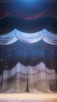 Vertical video: Flickering spot cueing curtain shifting, showing ropes, floor and haze before show