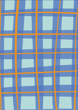 Abstract blue plaid grid pattern background illustration with orange hand drawn lines, ideal for colorful geometric backdrop, tartan textile print, wrapping paper, and poster artwork design.