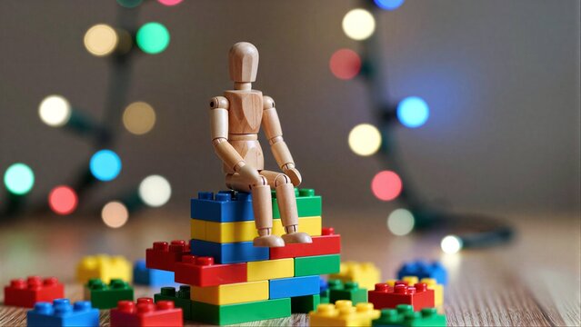 Wooden figure sits atop colorful LEGO blocks, surrounded by festive bokeh lights.