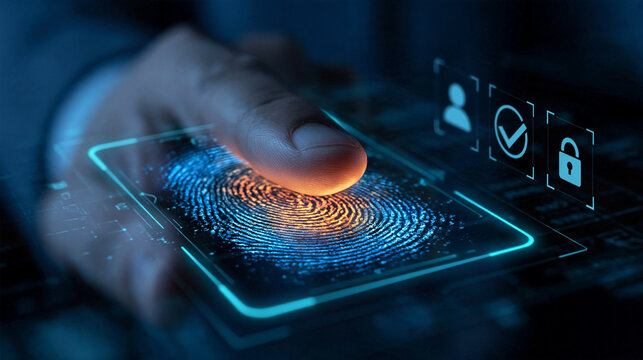 Biometric Authentication: A hand places a finger on a glowing touchscreen, triggering a digital scan with blue and orange light effects, symbolizing secure access and identity verification.