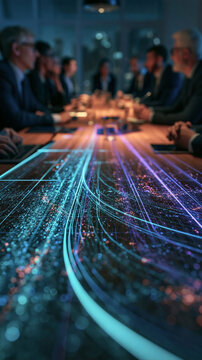 Business Strategy Meeting: Futuristic digital data streams flow across a long conference table as professionals discuss innovation in a modern boardroom setting.
