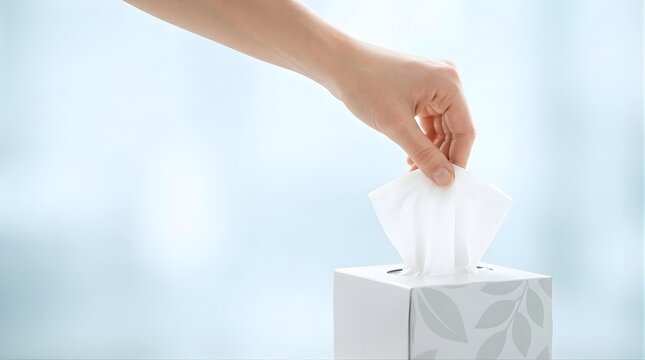 Close-up of a hand pulling a soft white tissue paper from a decorative box, representing hygiene, skin care routine, and cleaning a spot in a bright and clean indoor environment.