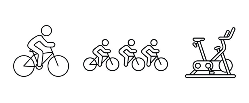Cycling Line Icons Featuring Group Bicycle Rides, Cyclist Figures, and Stationary Exercise Bikes for Fitness, Outdoor Sports, and Healthy Lifestyle Illustrations.