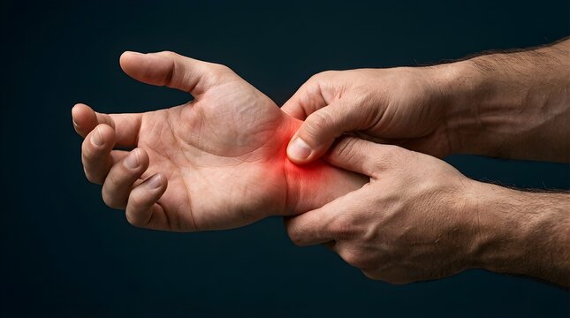 Close up of a man holding his painful wrist with a red glowing spot indicating inflammation, carpal tunnel syndrome, or joint injury, concept of repetitive strain injury and chronic health problems