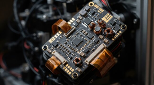 Robotic actuator circuit board with surface mount motor drivers, gold contacts, miniature copper induction coils, and flexible polyimide ribbon cables.