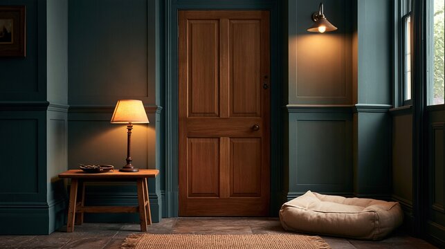 Dark entryway at night with wooden door, glowing lamp, key on table, and soft pet bed, creating quiet, welcoming mood