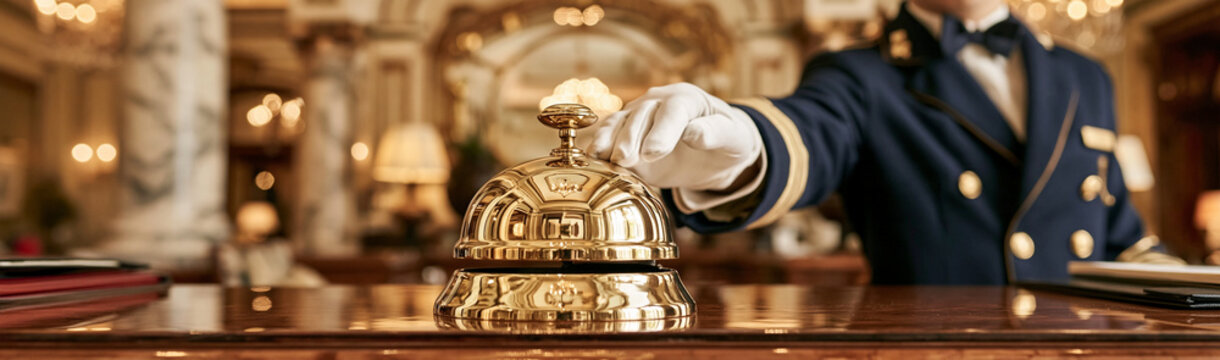 Hotel Bellhop Service: A uniformed staff member in a formal blue jacket with white gloves rings a polished brass bell at a reception desk, conveying luxury hospitality and attentive service.